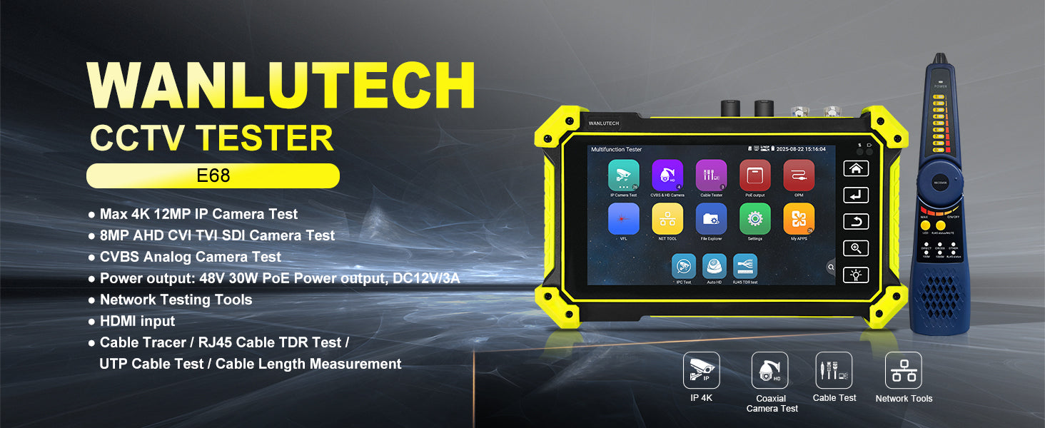 WANLUTECH CCTV Tester Essential Tool for Surveillance Camera Cable Network Testing E68