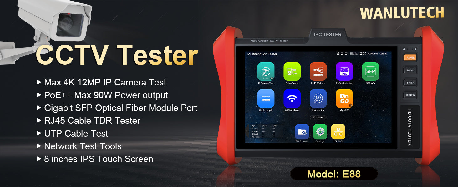 WANLUTECH CCTV Tester Essential Tool for Surveillance Camera Cable Network Testing E88 