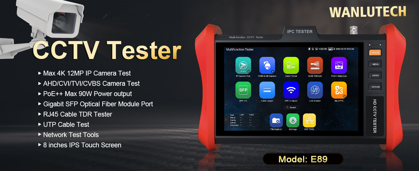 WANLUTECH CCTV Tester Essential Tool for Surveillance Camera Cable Network Testing E89