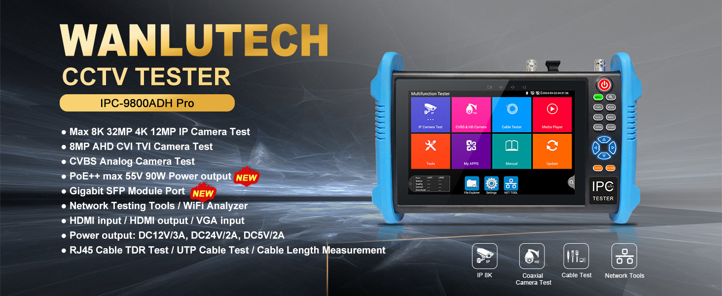 WANLUTECH CCTV Tester Essential Tool for Surveillance Camera Cable Network Testing IPC-9800ADH Pro

