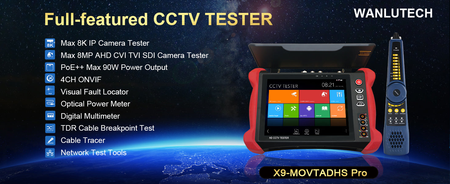 WANLUTECH CCTV Tester Essential Tool for Surveillance Camera Cable Network Testing X9-MOVTADHS Pro