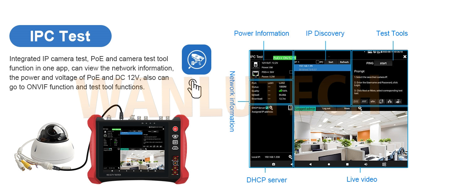 WANLUTECH CCTV Tester Essential Tool for Surveillance Camera Cable Network Testing X9-MOVTADHS Pro